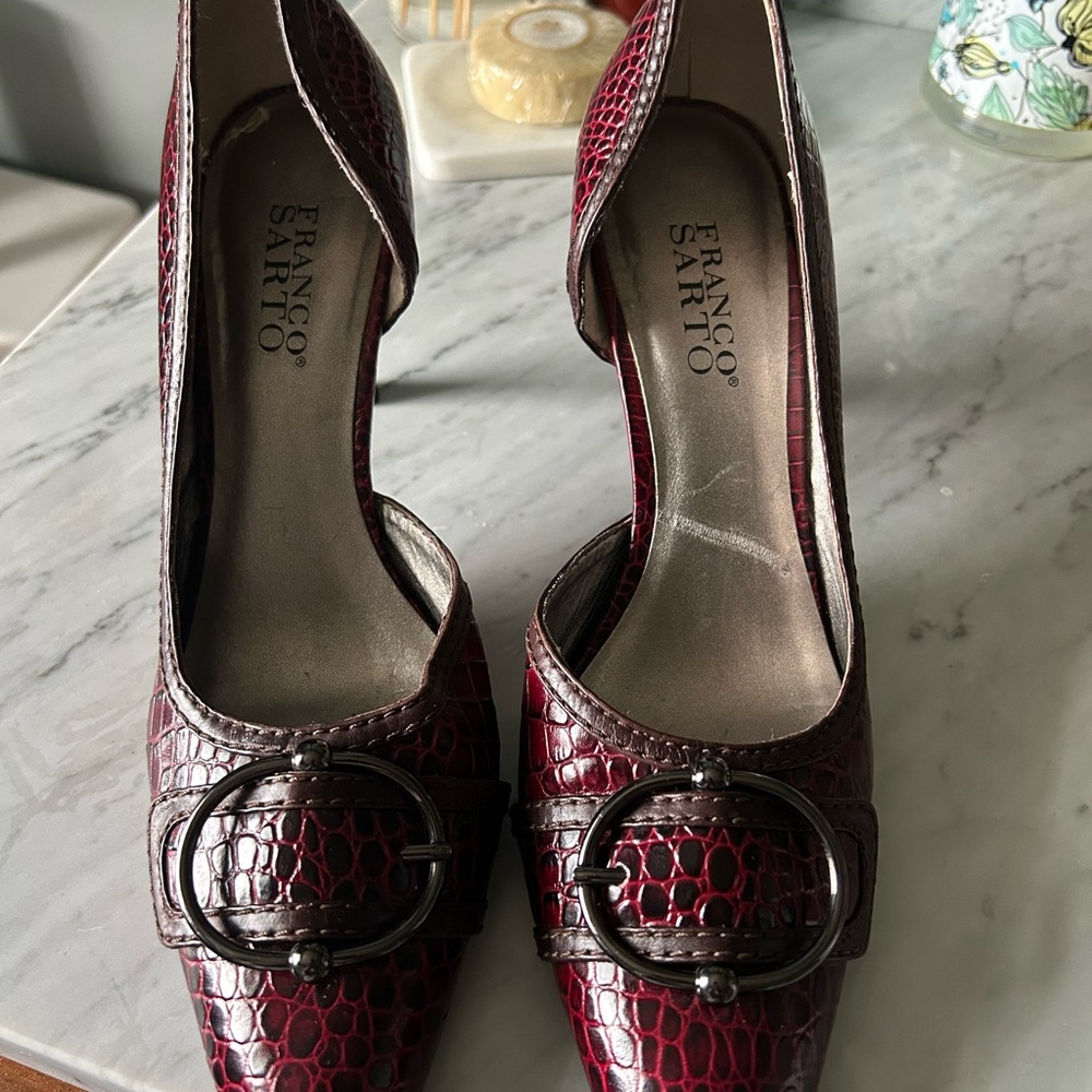 Franco Sarto Brick Red Heels with Croc Texture and Buckle